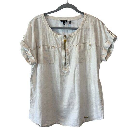 Ellen Tracy Linen Blend 3/4 Roll Tab Sleeve Gold Accent Tunic Top Sz L - Picture 1 of 5